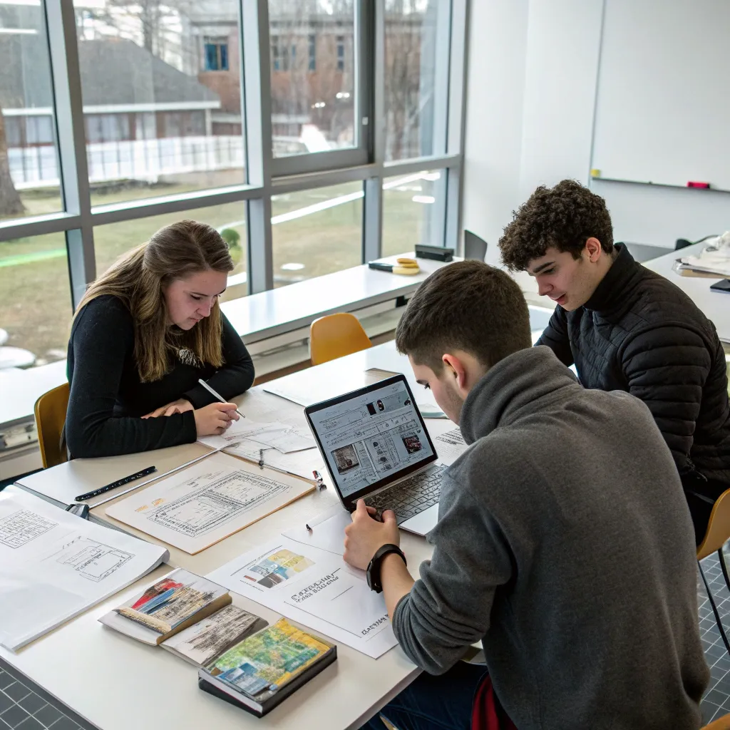 Design students collaborating at a desk